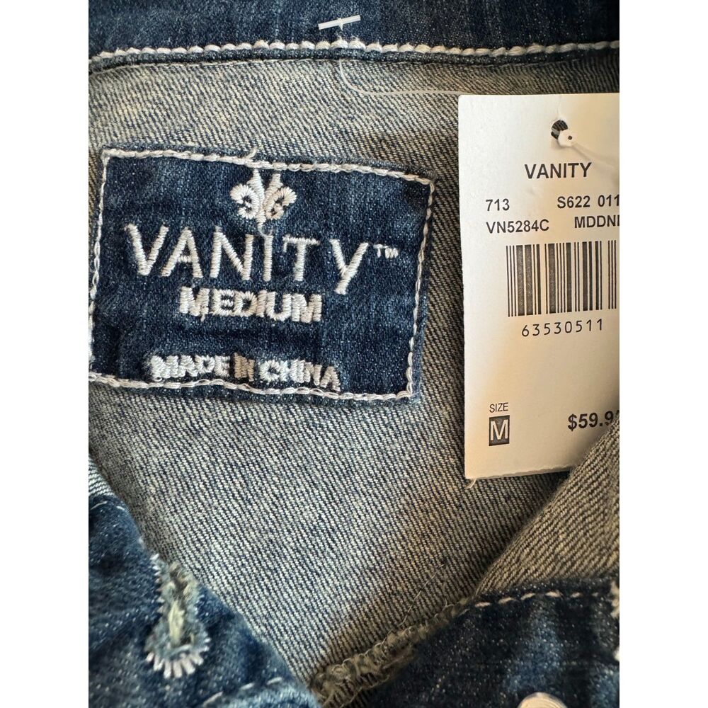 Vanity Denim Jacket Womens M Fleur-de-Lis Western Contrast Stitch Rhinestone NWT - Picture 4 of 11